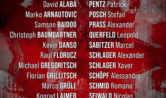 奥地利大名单：阿拉巴领衔，萨比策、莱默尔、阿瑙、丹索入选